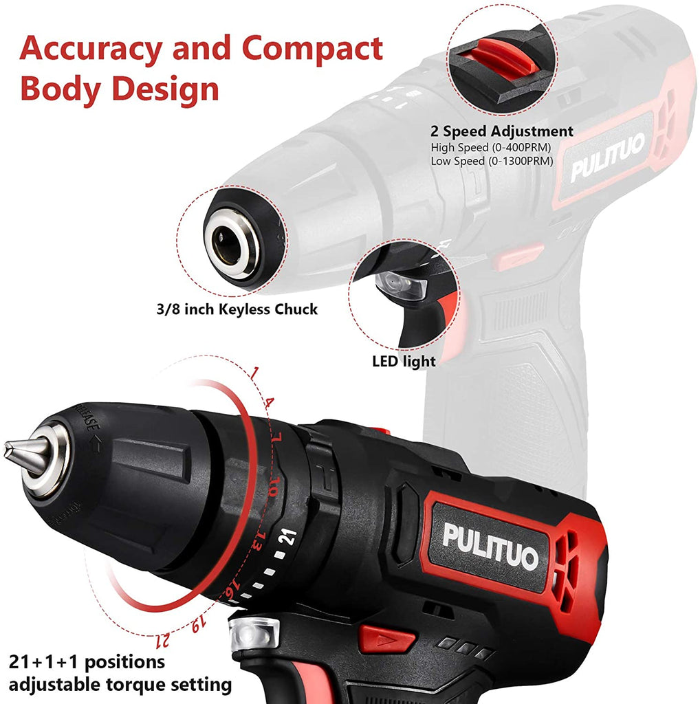 PULITUO pulituo brushless electric drill set,[brushless motor],12v power  drill 310 in-lb torque, 20+1 clutch, 3/8 keyless chuck,45mi